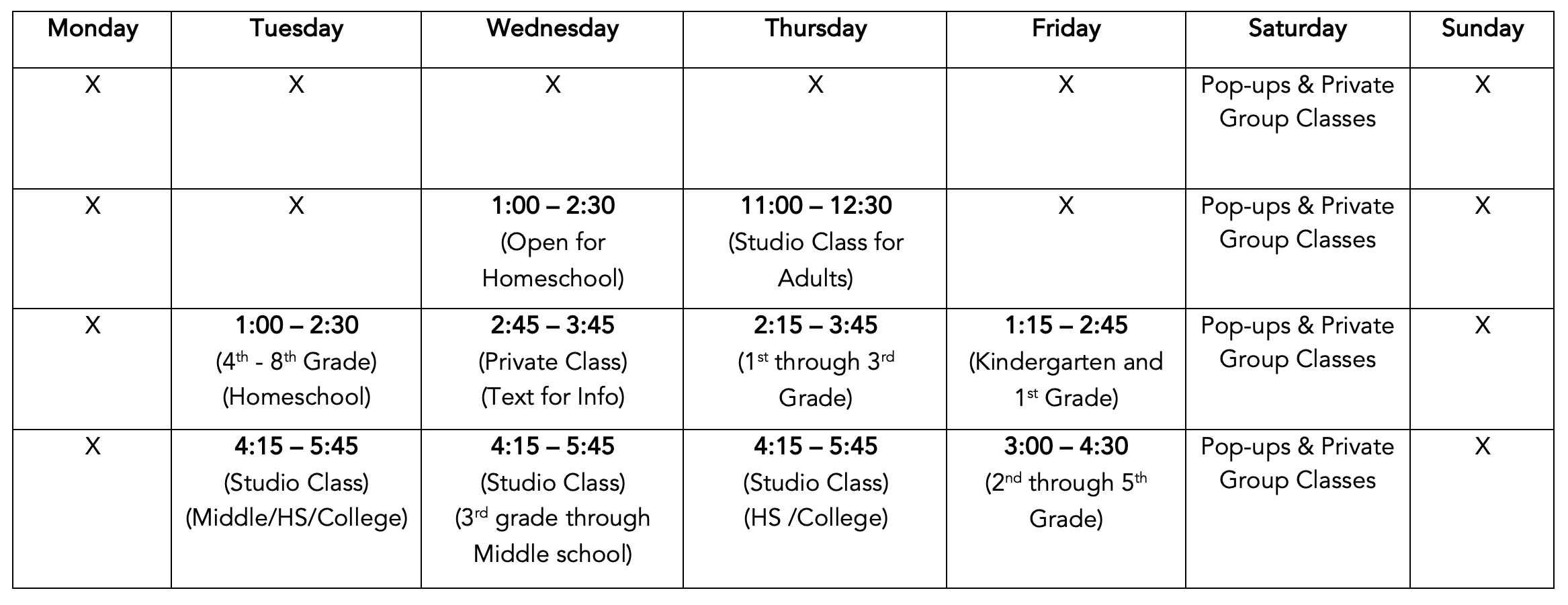 Class schedule 2024-25 school year call 760-300-0434 for info